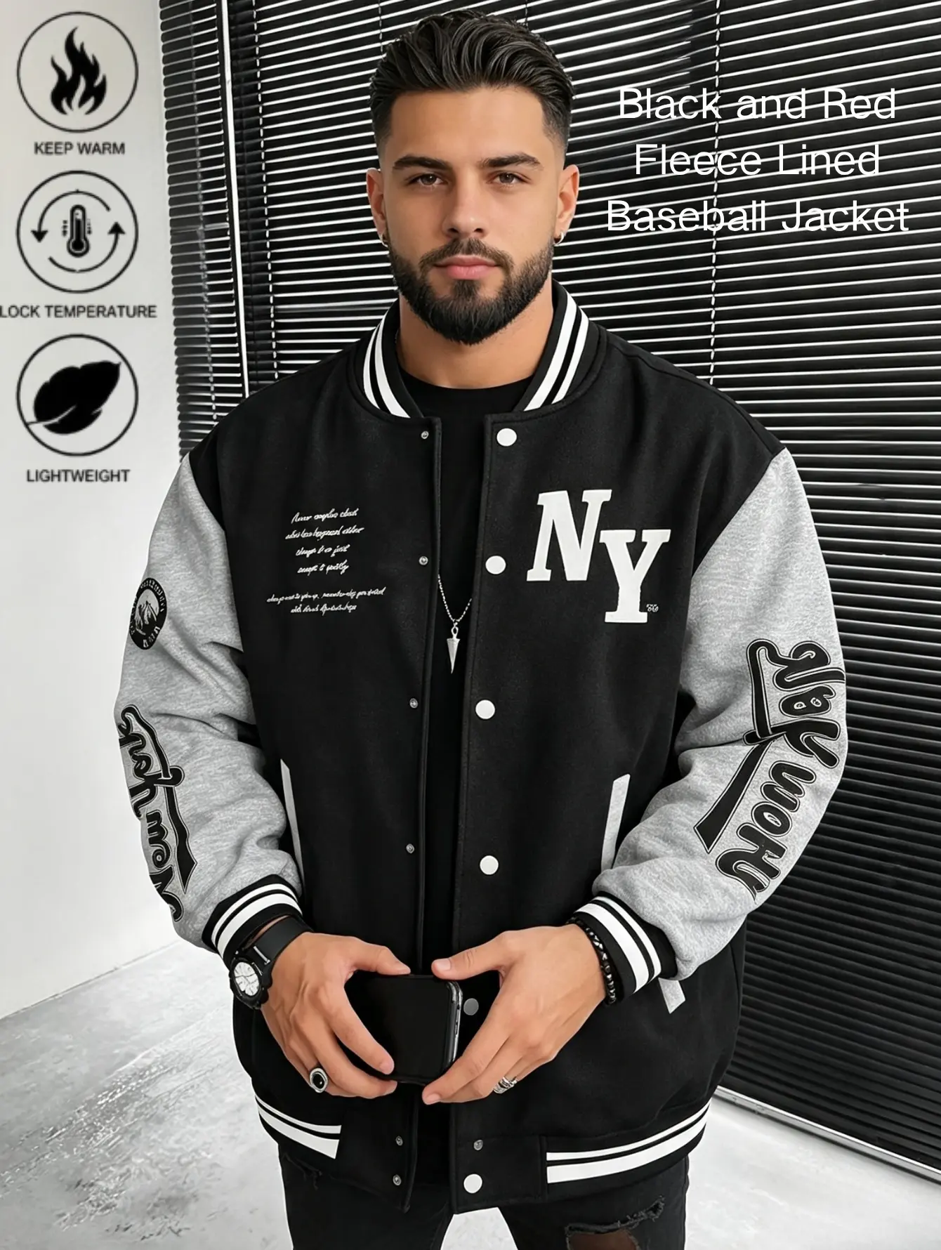 Men’s embroidered patch baseball jacket available in black and red, ribbed crew baseball collar, front button closure, color-block panelled long sleeves with contrasting stitching, letter embroidery design, cropped ribbed waistline, side pockets with stit