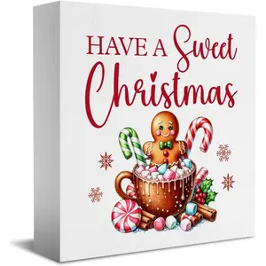 Christmas Coffee Bar Decor Gingerbread Christmas Decor,Gingerbread Kitchen Decorations, Have A Sweet Christmas Wooden Box Sign Home Office Decorations for Desk Table Shelf 5x5 inch