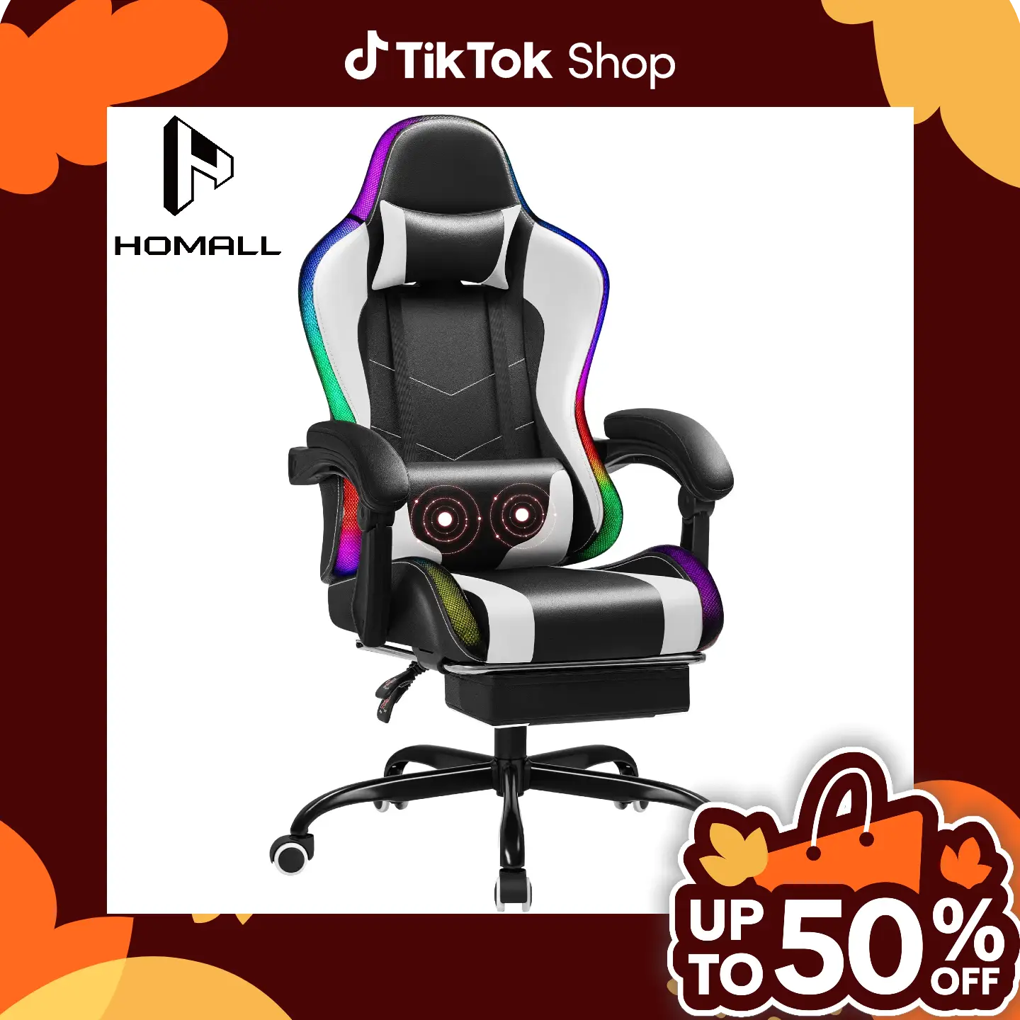 HOMALL RGB Gaming Chair with Massage and LED Lights Ergonomic Computer Chair with Footrest E-sports Chair with Adjustable Lumbar Support Reclining Vid