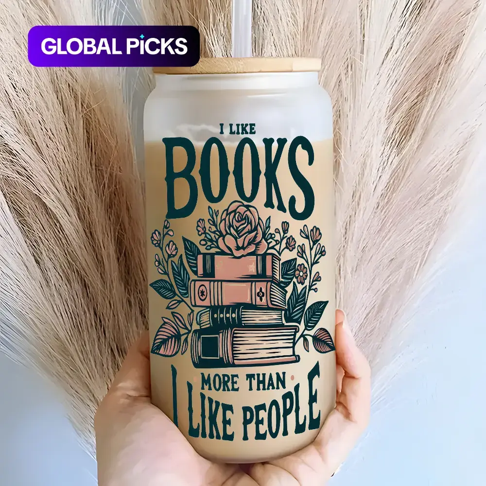 Floral Book Pattern Funny Glass Cup, 16 oz Reusable Glass Cup with Straw and Lid, Drinking Cup for Coffee, Beer, Juice or Milk, Stylish Drinkware Tumbler, Drink Container and Gift for Coffee Lovers #GLOBAL PICKS