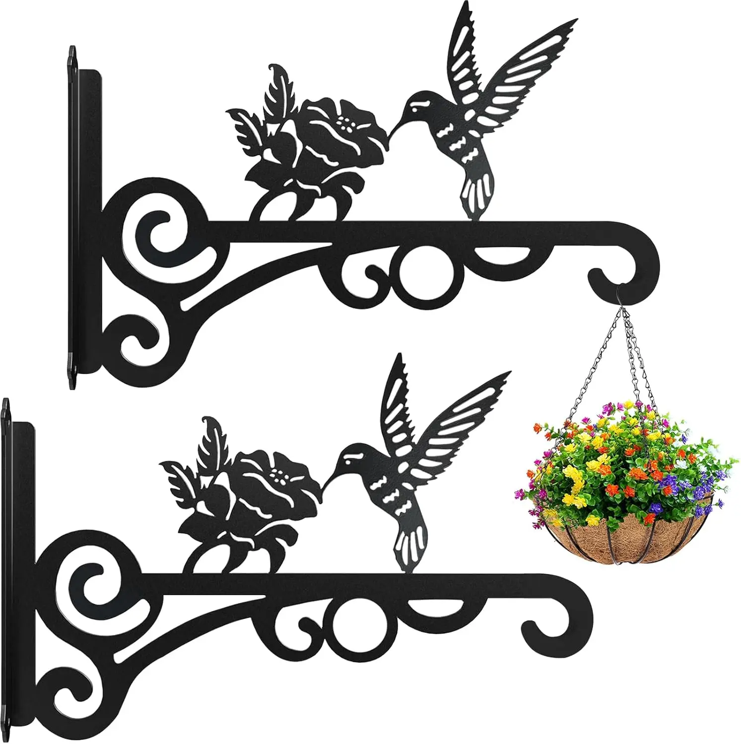 2-Pack 10 Inch Aesthetic  Hangers Outdoor  Metal Hanging  Bracket with Beautiful Hummingbird Pattern  Heavy Duty  Hooks for Hanging , Bird Feeder, Wind Chime, Lantern