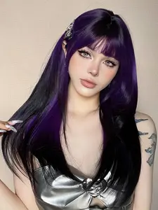 22 Inch Purple Long Straight Wigs for Women, Gorgeous Fluffy Wigs with Bangs, Synthetic Full Machine Wigs for Party, Daily Use, Synthetic Hair Pieces