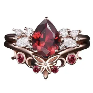 Red Gemstone Stackable Ring Set, 2PCS Rose Gold Couple Matching Rings, Romantic Jewelry Gift for Women，Vintage Pear‑Shaped