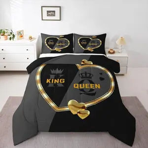 and Crown Comforter Set,Romantic Gold White Loving Heart Bed Set,Couple Lover Gray and Black Comforter,Wedding Insert Adults Men Women Duvet