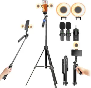 Auto   Tripod Vlogging Kit for  and Android Phone with Dual Lights/Dual  Microphone/Multi-Function Remote,Expandable YouTube Starter Kit Content Creator Essentials