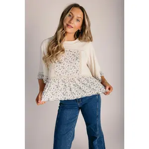 The Bexley Floral Contrast Blouse in Natural