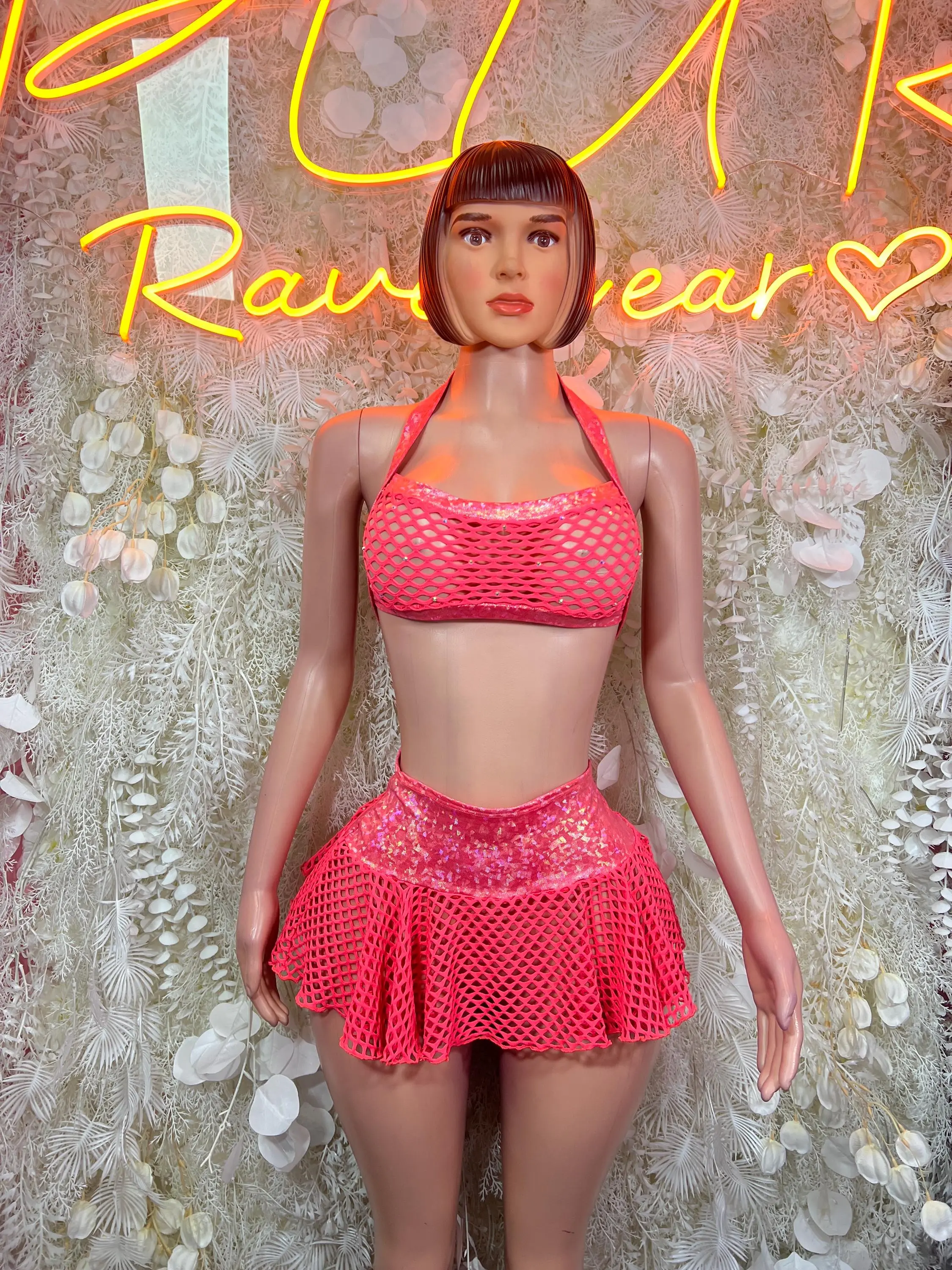 Coral Fishnet Halter Crop Top Mini Skirt Set Sequin Mesh Rave Festival Exotic Dance Clubwear