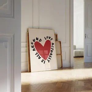 Love Actually is All Around Poster, Love Heart Printable Wall Art, Trendy Wall Art Retro Love Heart Illustration Red Maximalist Poster