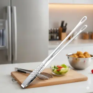 High-Temperature Stainless Steel Long Bbq tongs | Non-Slip Serrated Tip for Steak, Meat, Bread | Extended Heat-Resistant Handle for Safe Flipping | Multi-Purpose Camping & outdoor Cooking Essential