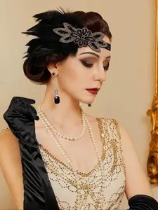 1920s Charleston Hairband with Peacock Feathers, Vintage Women's Headwear, Gatsby Style Fashion, Retro Updo Hairstyle Accessory