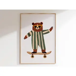 [Sale Off Up To 50%] [Unframe] Retro Skateboarding Bear Wall Art, Green and Beige, Kids Room, Playful Fun Cool Animal, Children’s Decor, Printable