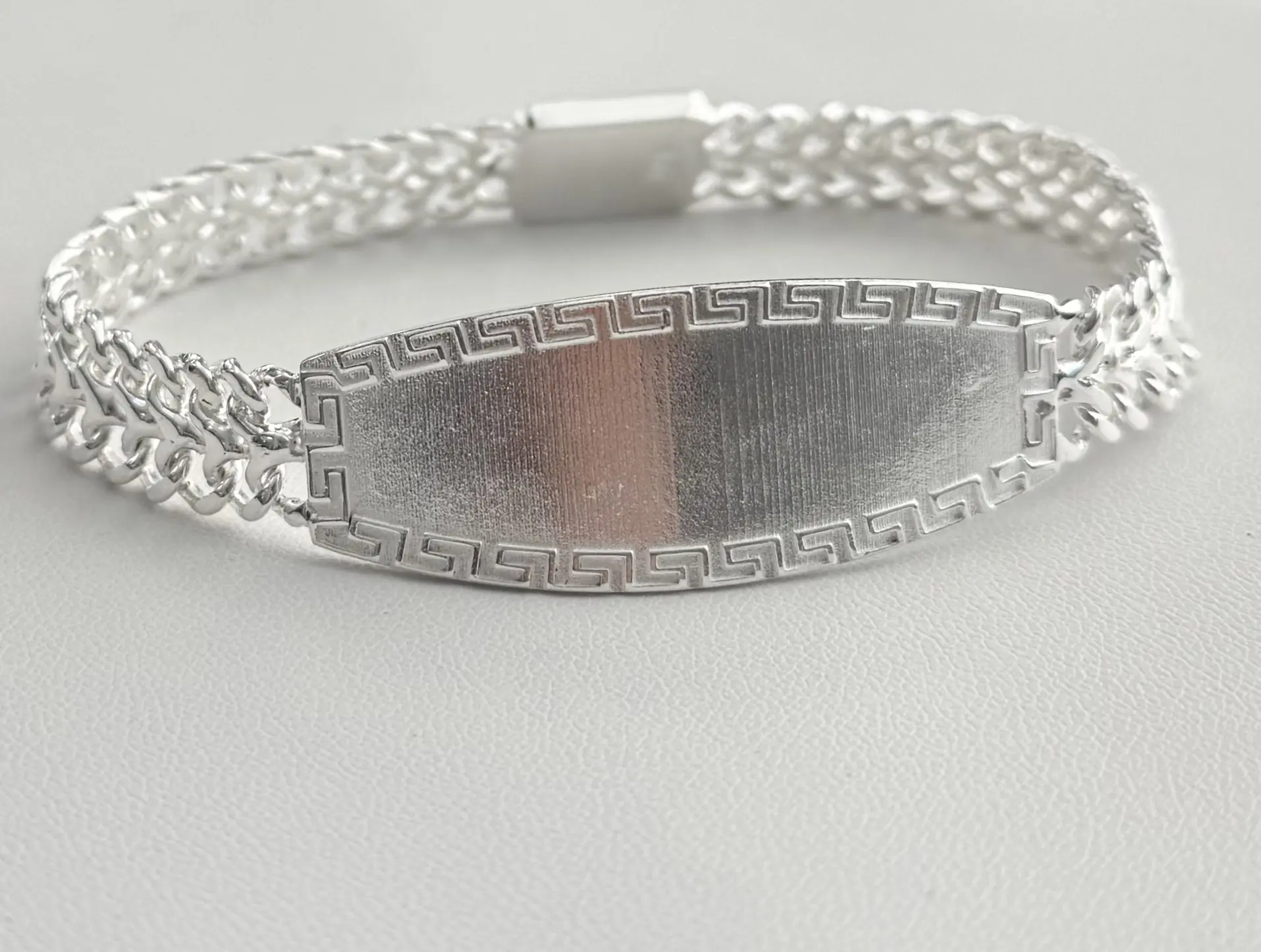 Sterling Silver 2 Row Curb, Greek Border 19mm, Engravable Bracelet, Made in Mexico (Please Add Name to "Add Notes" Section)