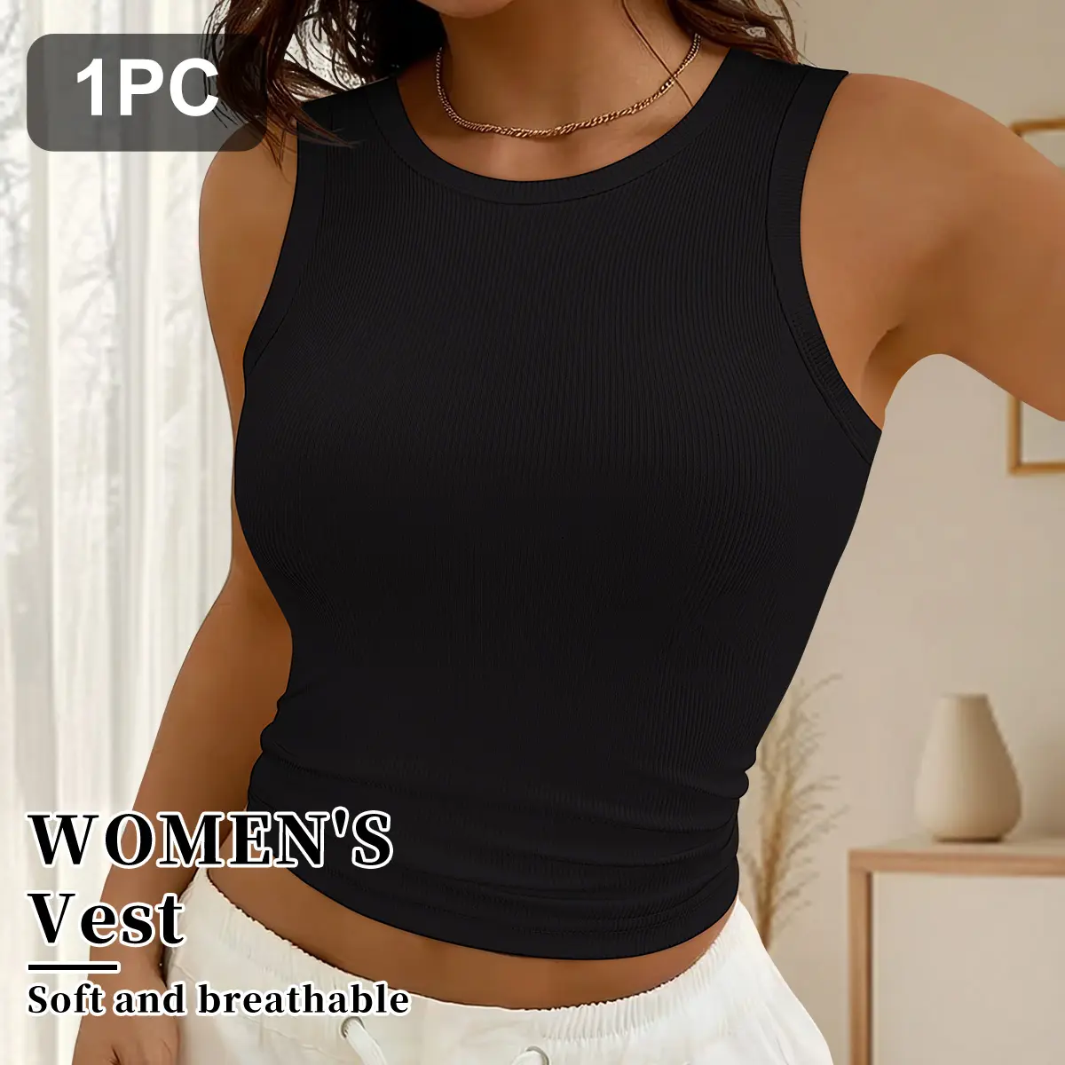 QUASTI Women's Round Neck Sleeveless Fitted Polyester Elastane Tank Top - 1pc/Black, Labelless, Lightweight, Minimalist Basic, Smooth, Foldable, Comfortable, Valentines Day Holiday Casual Wear, S-XL (Womenswear Underwear Tops Tanks & Camis)
