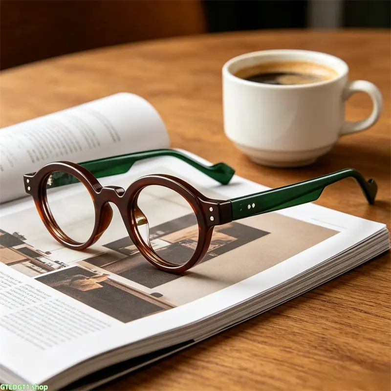 Vintage Round Acetate Optical Glasses, Black Frame with Tortoiseshell Temples, Full-Rim Hand Rivet Design for Work & Study, Vintage Charm