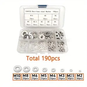 190 Piece Stainless Steel Washers Set, Polished Surface, M2-M10 Sizes, Easy Installation, Durable Material, Ideal for DIY Projects