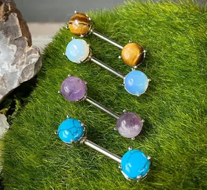 PAIR Prong Set Semi Precious Stone Nipple Rings Shields Surgical Steel Barbells