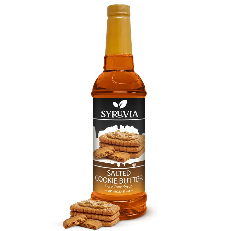 Syruvia Sweet Flavored Syrup - 25.4 fl oz Premium Natural Salted Cookie Butter Coffee Syrup, Gluten Free, Kosher, Cane Sugar, Plastic Bottle, Ideal for Drinks, Milkshakes & Desserts, Beverage