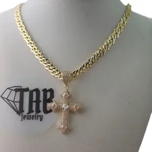 197 - 2" Diamond Cross with Cuban Chain 14K Goldplated Necklace for Men and Women