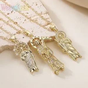New 18K Gold Plated Copper Religious Necklace with Zircon Inlaid Priest Death Pendant, Personalized Design for Women, Stylish Faith Jewelry for Daily Wear, Unique Gift for Her