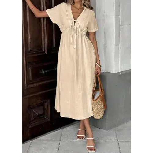 Chouyatou Women's Summer Solid Color V-Neck Cotton Dress Bohemian Style Casual Loose Short-Sleeve Drawstring Beach Dress with Pockets Chouyatou Women's Summer Solid Color V-Neck Cotton Dress Bohemian Style Casual Loose Short-Sleeve Drawstring Beach Dress with Pockets