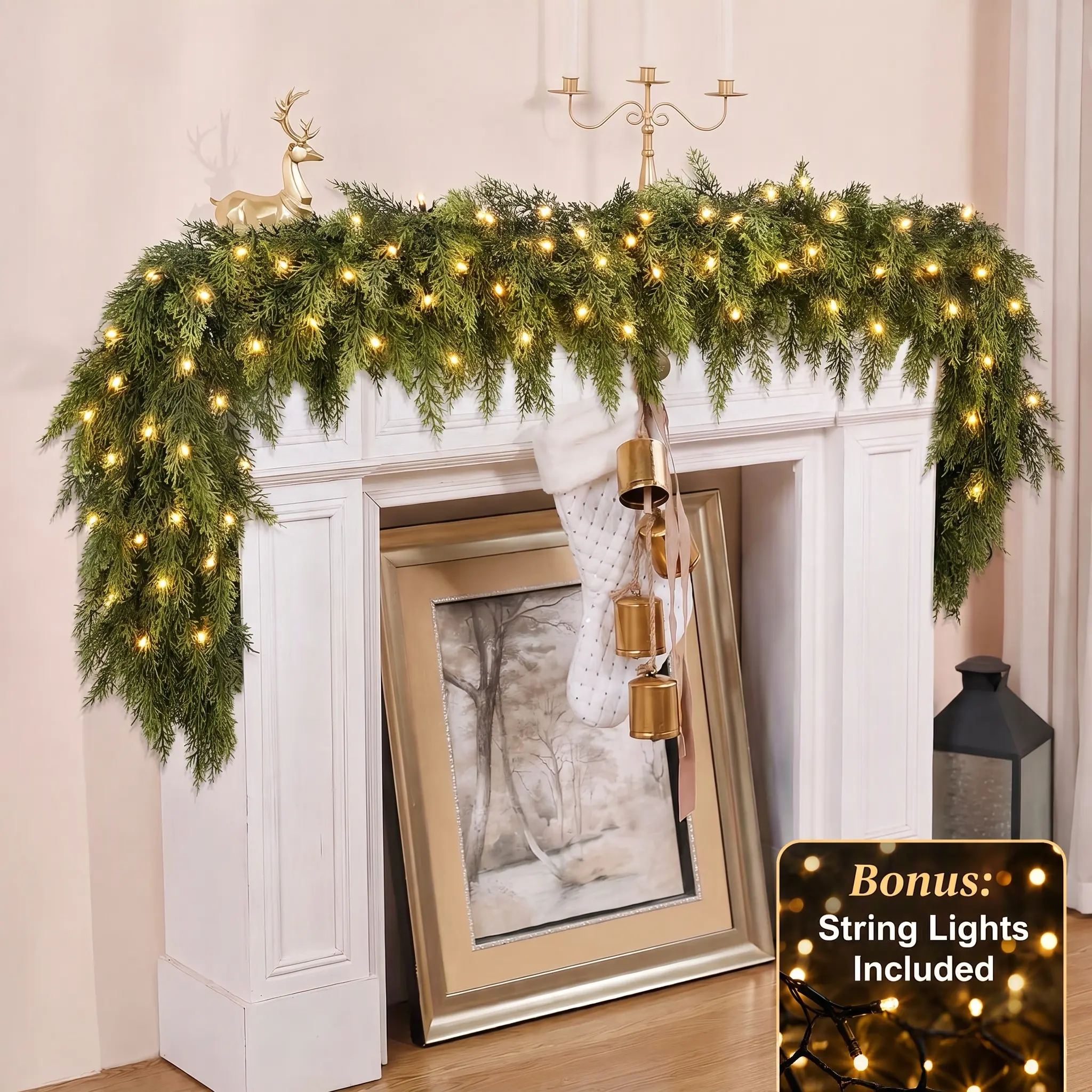 6 FT 2 Pcs Artificial Cedar Garland with Free String Light, Real Touch Winter Greenery Pine Garland for Christmas Mantle, Table, Indoor Outdoor Decor