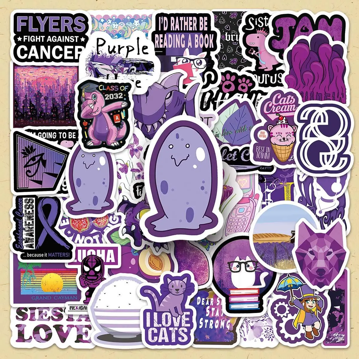 Purple Themed Sticker, 64pcs/set Creative Cool Design Decorative Sticker, DIY Decals for Scrapbooking, Journaling, Gift Wrapping