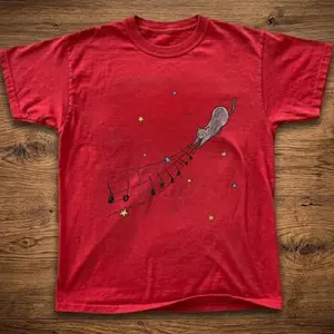 Red Cat Graphic Baby Tee With Musical Notes And Stars – Y2K Aesthetic Graphic Top