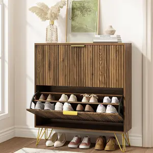 【Limited time deal】BM-CZW Shoe Cabinet with 2 Flip Drawers Walnut, Fluted Shoe Cabinet Storage for Entryway Slim, Mid Century Narrow Shoe Organizer, Modern Freestanding Shoes Rack for Entryway, Walnut