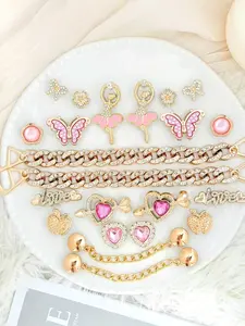 Pink Heart Butterfly Ballerina Clog Charms Set – Cute Rhinestone Shoe Decorations with Gold Chain for Women Summer Style