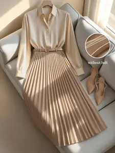 Zd1113140 Shirt Pleated Skirt Set with Belt, Elegant Chic Casual Office Style, Daily, Date Night, Festival Wear, Women's Clothing Set, Womenswear