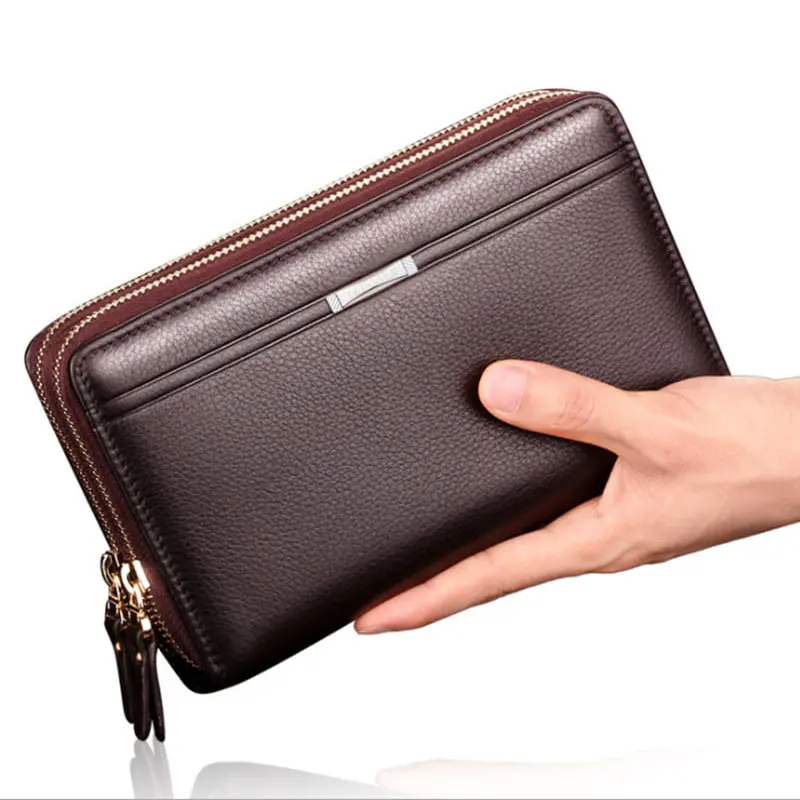 Men Business Long Clutch Wallet Faux Leather Double Zipper Multi Card Slots with Clear ID Window Hand Strap Large Capacity Phone Handbag Cash Card Storage Men Daily Office Purse