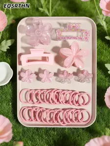 58pcs pink spring flower hair accessories set, with fresh and gentle cherry powder as the main color, transparent texture of the flower clip, matte square clip, mini hair clip and high elastic hair cord. The vitality of the girl's sense of refinement is a
