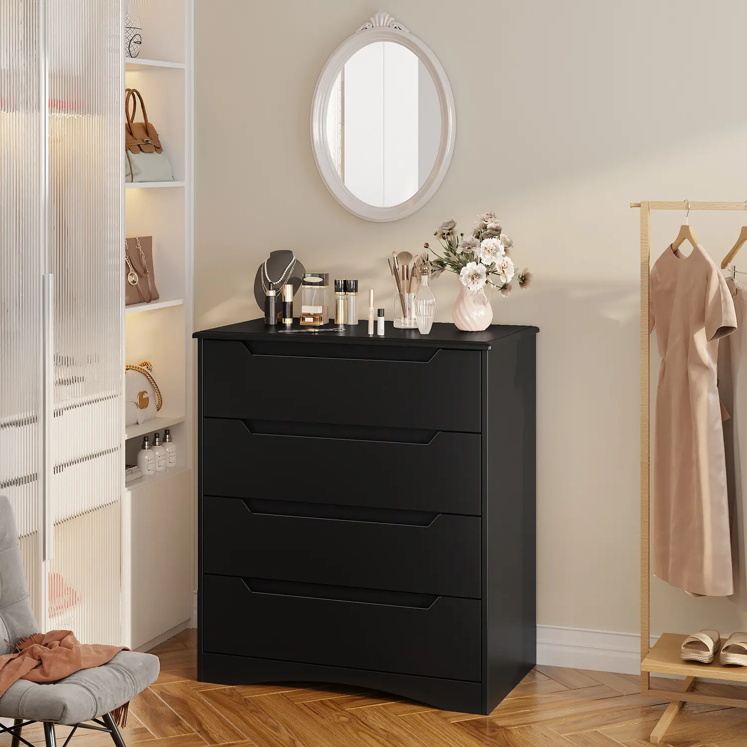 Gizoon 4-Drawer Wood Dresser - MDF Wood Chest with Drawers, Anti-Tip Device, Curved Base, Non-Protruding Handles, Large Capacity Storage, Stable Space-Saving Modern Indoor Cabinet for Bedroom, 4 Drawer Dresser