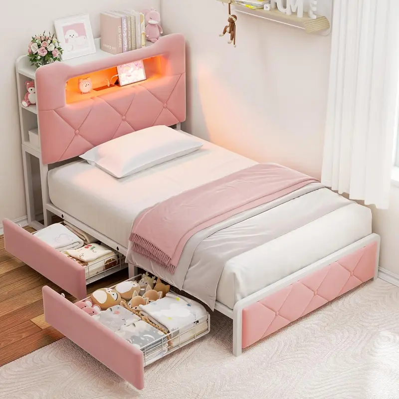 Twin Upholstered LED Bed Frame with 2 Storage Drawers and 2-Tier Storage Bookcase Headboard, Velvet Princess Platform Bed for Kids/Girls/Boys, Heavy Duty Metal Support, No Box Spring Needed, Pink