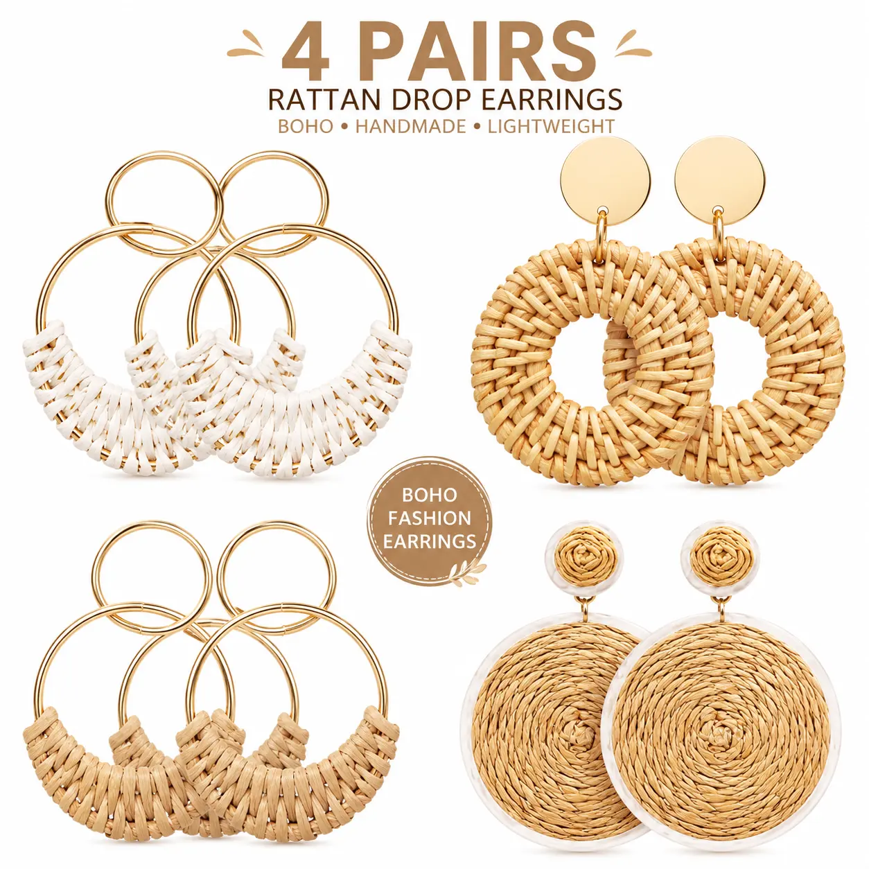 4 Pairs Handmade Raffia Rattan Bohemian Round Drop Dangle Earrings for Women, Boho Statement Cute Fun Hoop Earrings Set, Lightweight