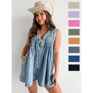 Spring Summer Street Style Sleeveless Short Sleeve Shorts Denim Jumpsuit Women's Clothes Fashion Womenswear Overalls Gamis Fitted