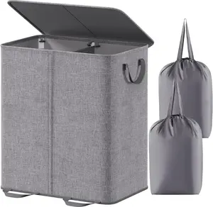 Double Laundry Hamper with Lid and Removable Laundry Bags, Large Collapsible 2 Dividers Dirty Clothes Basket with Handles for Bedroom, Laundry Room, Closet, Bathroom, College, 155L Grey