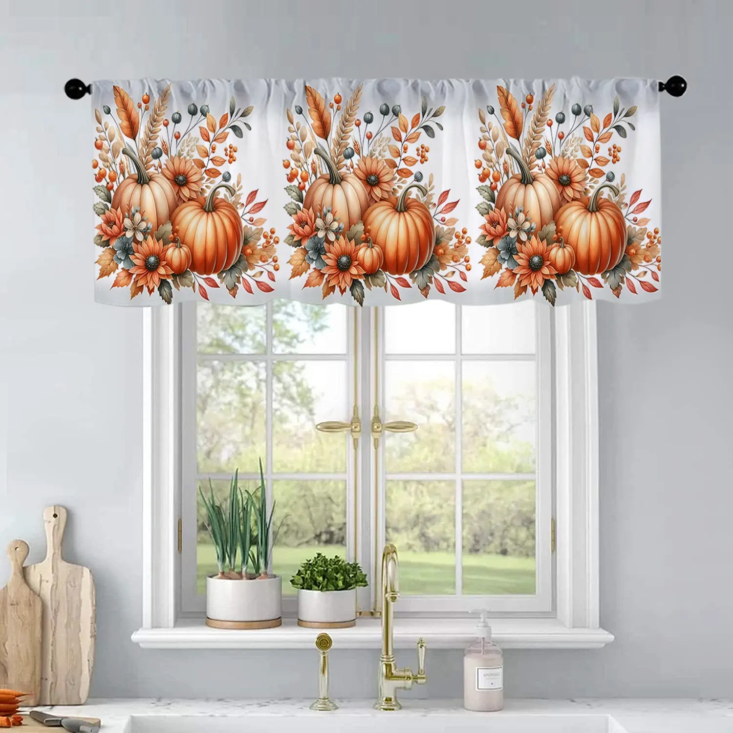 1 Pc Pumpkin Flower Maple Leaf Autumn Thanksgiving Watercolor Print Kitchen Curtain Short Curtain Pole Design Living Room Bedroom Bathroom Home Decor 54 x 18 Inch