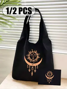 1/2PCS Black Vest Handbag, Boho Celestial Sun & Stars Tote Bag, Large Capacity Single Shoulder Bag, Lightweight Shopper Bag, Lightweight Shopping Bag, Versatile Storage Bag, Simple Design, Bohemian Style with Golden Sun & Stars Print