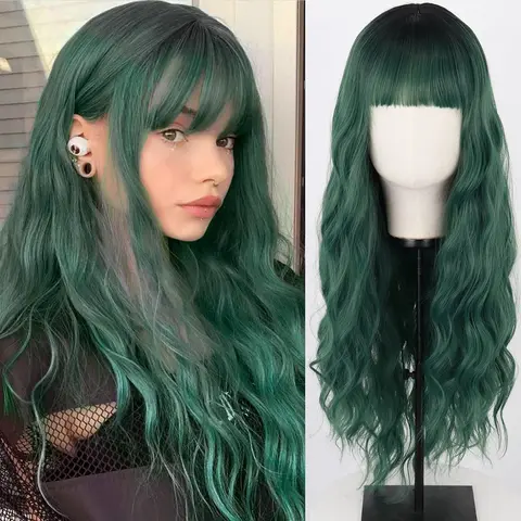 Missqueen Long Dark Green Wig with Bangs, Women's Ombre Curly Green Wig, Long Dark Green Cosplay Wig, Synthetic Natural Look, Suitable for Daily and Party