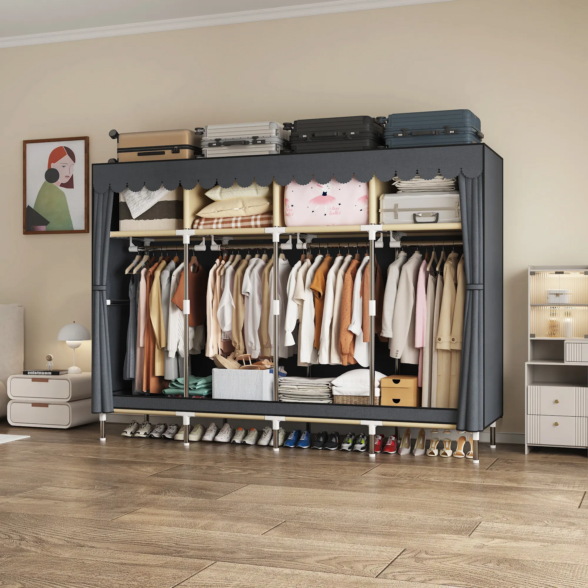 Metal Portable Space-Saving Heavy-Duty Wardrobe, 77.5in Extra Large Capacity Clothes Organiser with Cover, Shelves and 4 Hanging Rods, Easy-to-Assemble Indoor Furniture