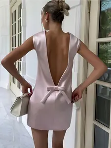 Spring Summer Women's Dress Elegant Sleeveless Belted Backless Satin Bow Midi H-Type Short Dress for Party Vacation Style Womenswear