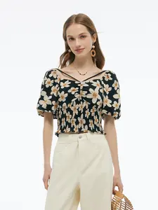 Cotton Stretch Floral Print Women Smocked Top