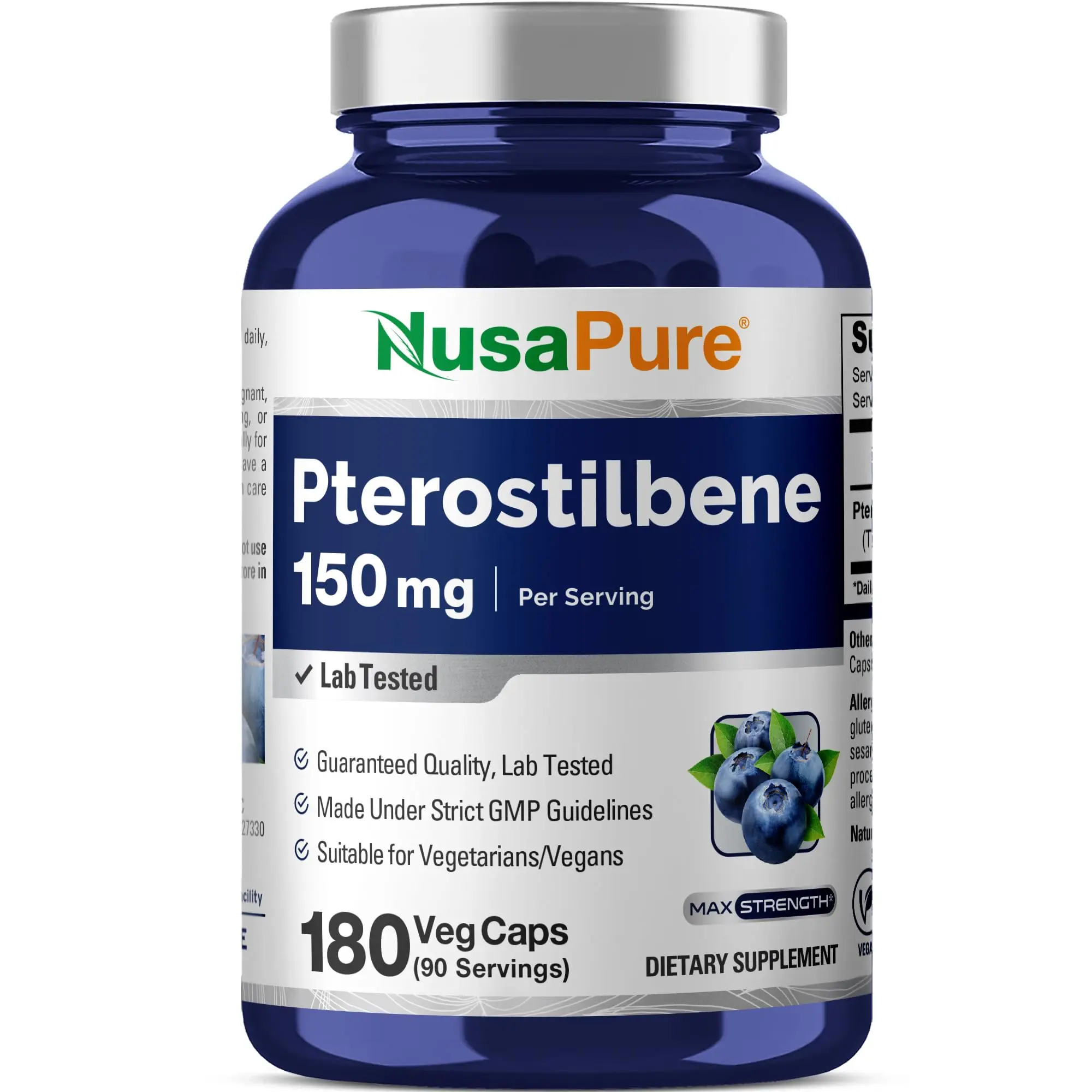 NusaPure Pterostilbene Dietary Supplement - 150mg per Serve, 180 Veggie Capsules in a Bottle, GMO-Free, Vegan, GMP-Certified Antioxidant for Adults’ Cognitive Health, Healthy Aging & Blood Sugar Control Support, 180 Capsules