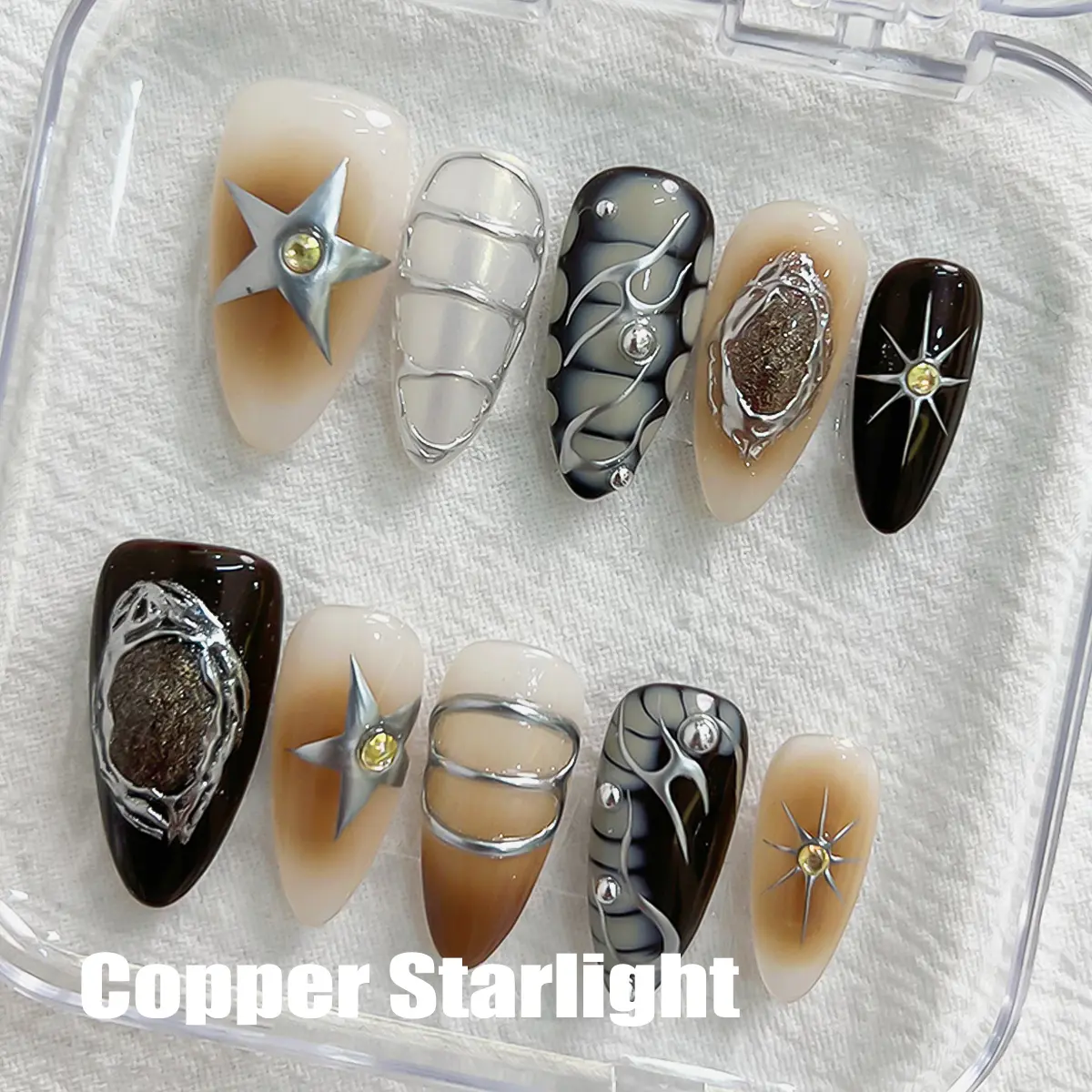 CuraTique | Copper Starlight 10PCS Handmade Press On Nails REUSABLE 3D Gel spring/summer 2025 / Prom
