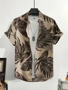 Men's Summer Casual Palm Leaf Print Short Sleeve Shirt, Breathable Loose Fit Top, Tropical Style for Daily Wear
