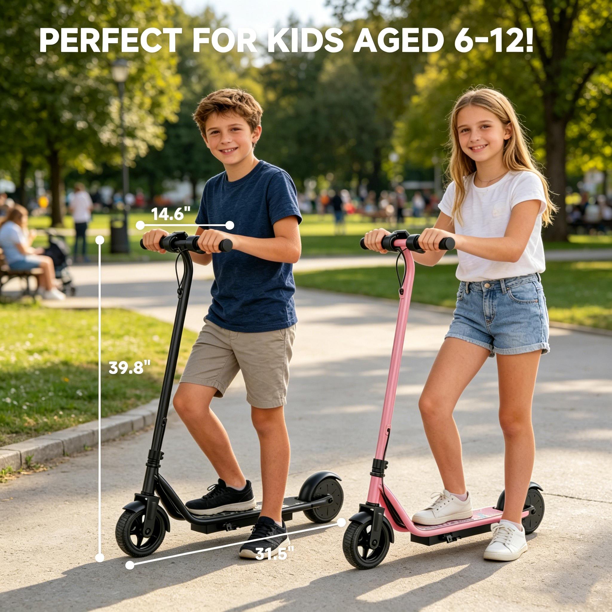A Kids Electric Scooter with 250W Motor 3 Speed Modes Up to 9 MPH 6.5" Solid Tires Lightweight Safe Stable Ride for Boys Girls Outdoor Fun