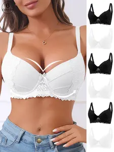 4/5/6 Pack / 6 colors Exquisite lace splicing push-up bra with underwire, adjustable shoulder straps, three-row two-hook back, breathable and skin-friendly comfortable fabric, suitable for commuting, dating, or home wear. Women's everyday sexy lingerie