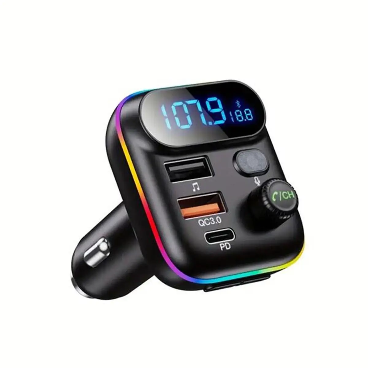 Wireless Bluetooth 5.0 FM Radio Transmitter with QC3.0 + PD 20W USB Charger LED Backlit