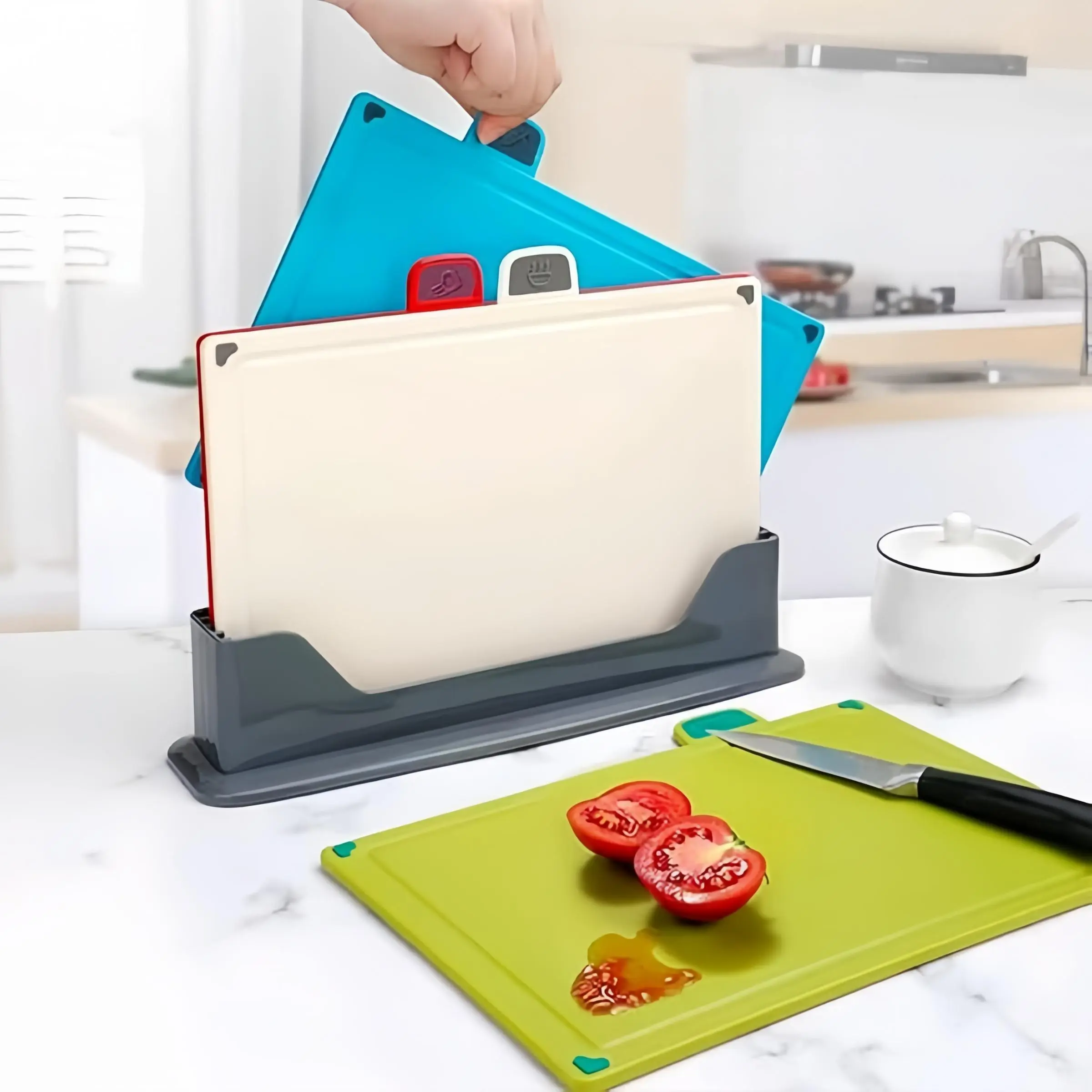 Kitchen Cooking Cutting Board Set 4 Piece, Thick Non-Slip Chopping Boards with Colorful Markers, Meat Fish Fruit Vegetable Drainer Rack Included, Kitchenware